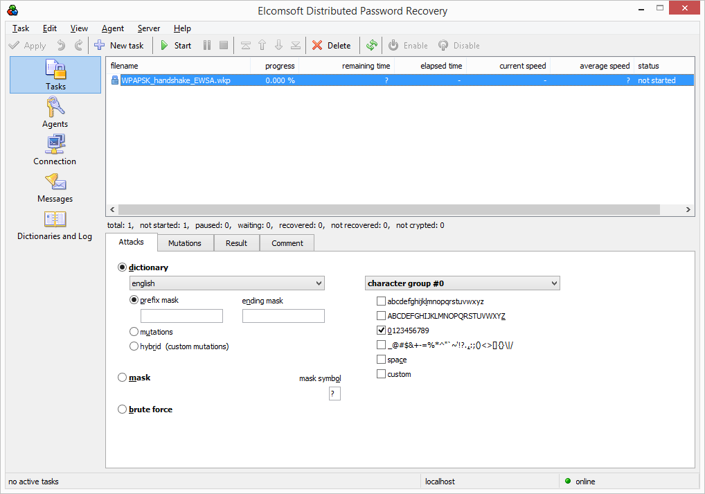 Elcomsoft Distributed Password Recovery. Configuring dictionary attack.